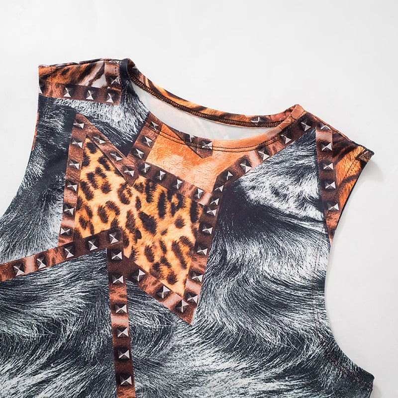CUTENOVA Spring/Summer Leopard Print Sleeveless Tank Top + Mini Shorts Exposed Navel Skinny Shorts Set Fashion Streetwear Y2K