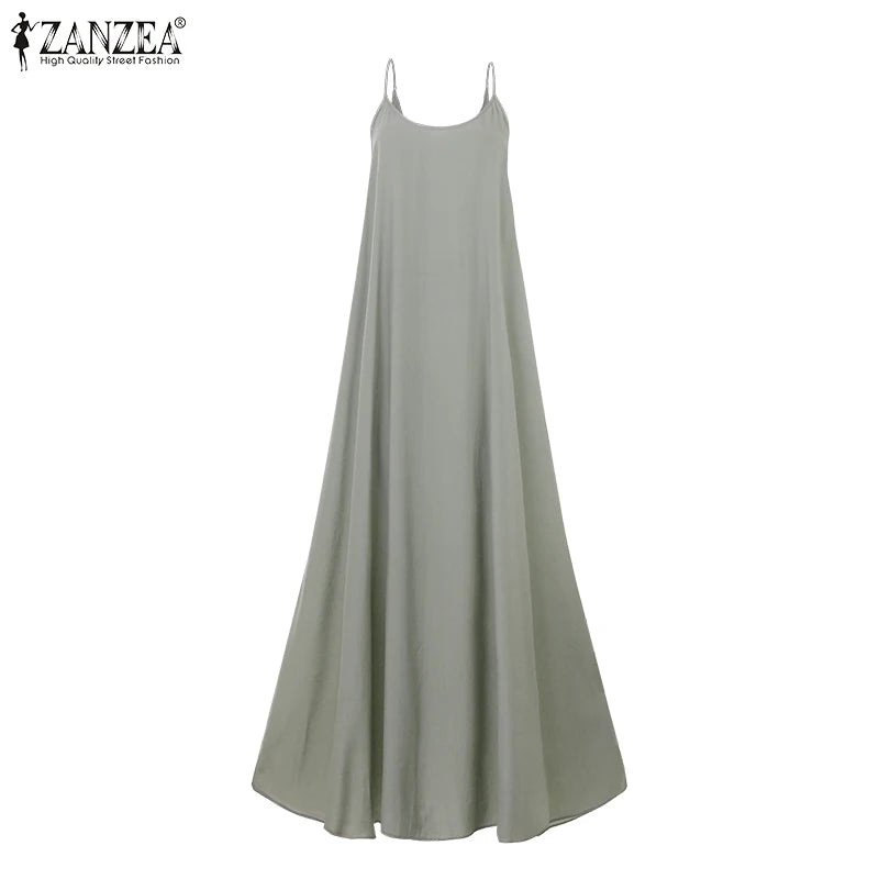 ZANZEA 2024 Summer Holiday Beach Sundress Women Sleeveless Dress Big Swing Vestidos Casual Sexy Bohemian Solid Color Robe Femme