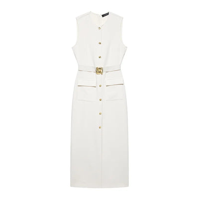 Women Long Dress Solid Color Summer Casual Slim Lady O-Neck Sleeveless Dresses Elegant Streetwear Female Button Up Belt Vestidos