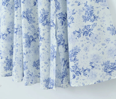 2023 Sexy Ruched Chest Blue White Flower Print Corset Style Sling Dress Cross Lacing up Bandage Back Hem Slit A-Lined Midi Robe