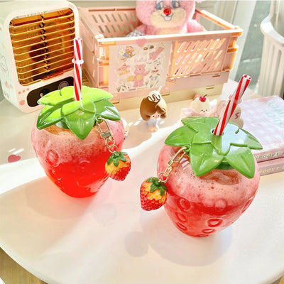 1Set Practical Juice Drinking Cup Lightweight Leak Proof Water Bottle 500ML Capacity PP Strawberry Straw Cup Kitchen Accessories