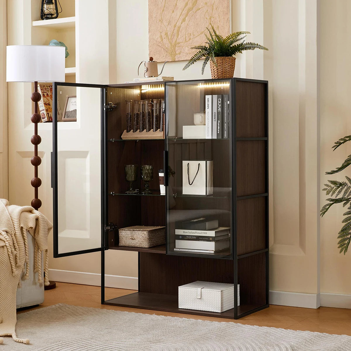 130cm Tall Lighted Display Cabinet, LED Curio Cabinet With Metal Frame And Tempered Glass Door For Living Room Home Office Study