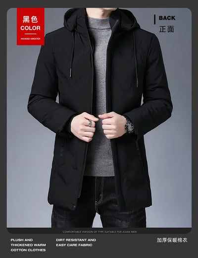Fashion Men Long Parkas Coat Solid Slim Fit Warm Thicken Jacket Outwear Windproof Coat Hooded Cotton-padded Zipper Windbreaker