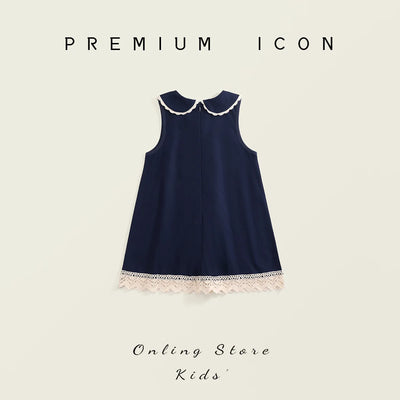2025 Summer Toddler Girl Dress Cotton Turn Down Collar Kid Baby Girl Sling Dress Retro Loose Lace Patchwork Little Girl Sundress
