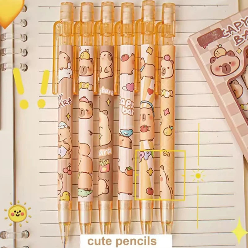 6Pcs/Set Cute Mechanical Pencils 0.5mm 2B Capybara Cartoon Auto Pencil with Eraser for Kids Students School Writing Supplies