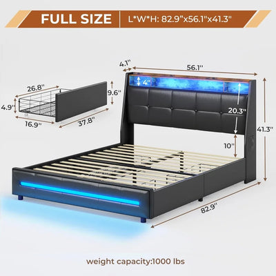 MSmask Full Black Platform Bed with Storage, LED Lights, USB Ports, 4 Drawers, Wingback Headboard - Modern Style, No Box Spring