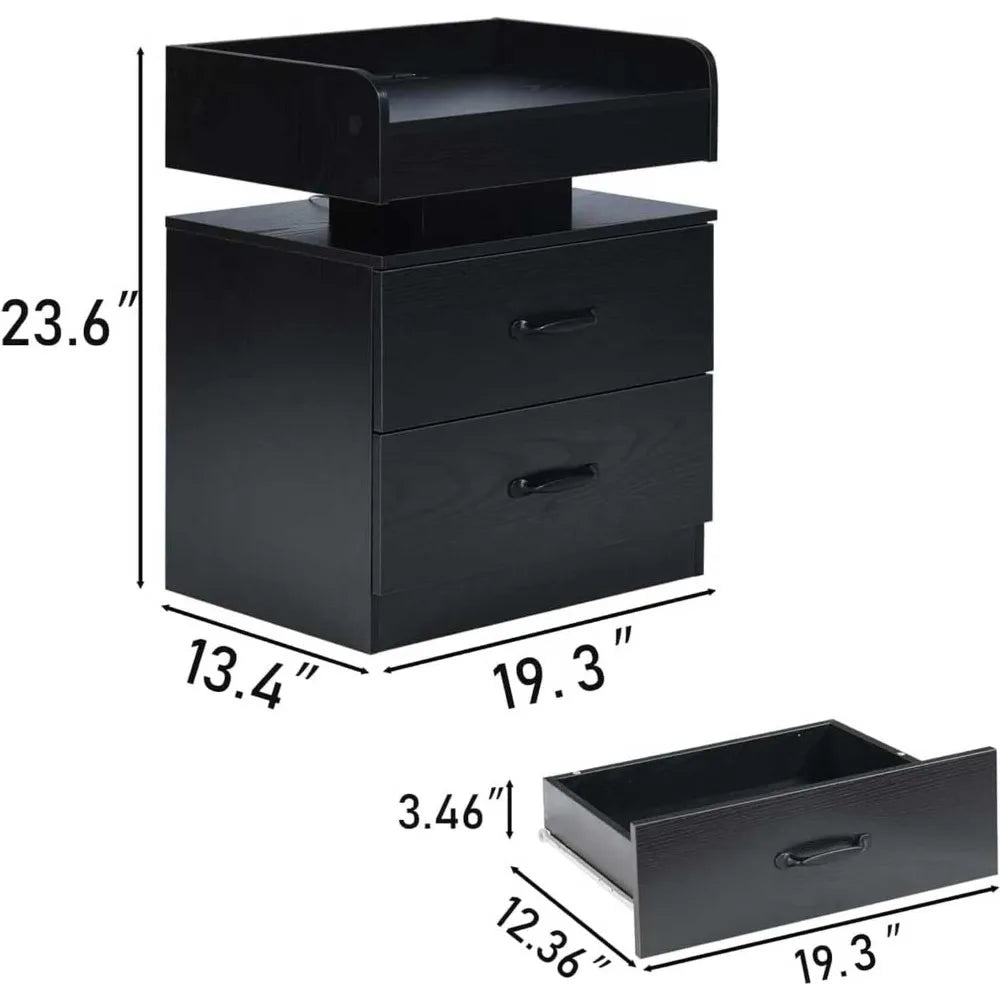 Black Nightstand with Charging Station, Night Stand with LED Lights, Modern Led End Table, Nightstand for Bedroom