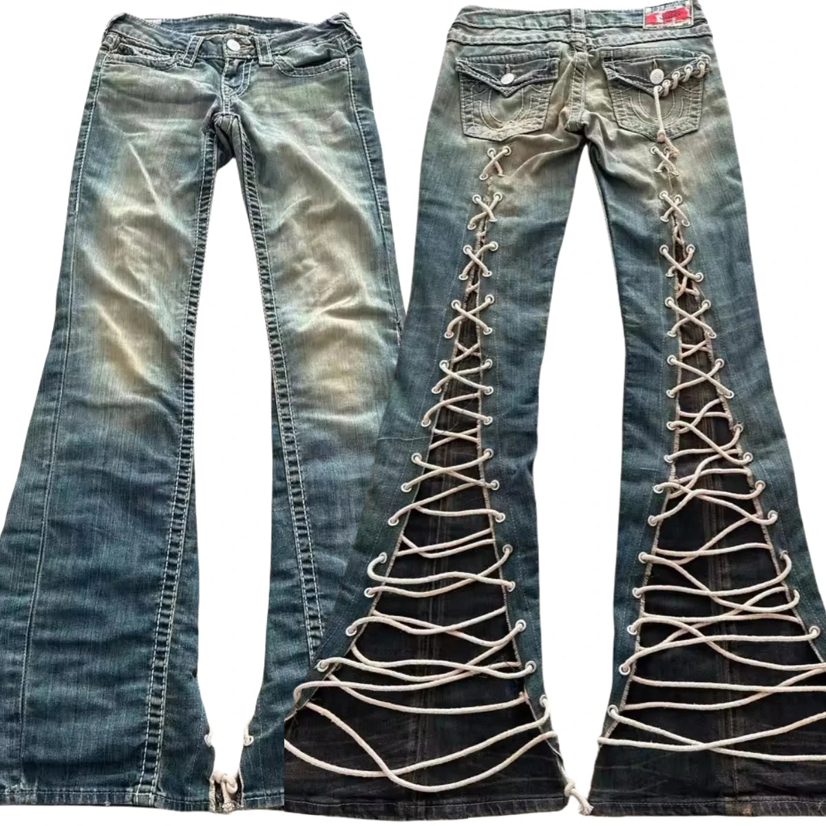 High Waisted Y2k Jeans Retro Blue Ripped Jeans for Women Line Sewn Gothic Punk Trumpet Jeans Casual Slim Streetwear Trousers