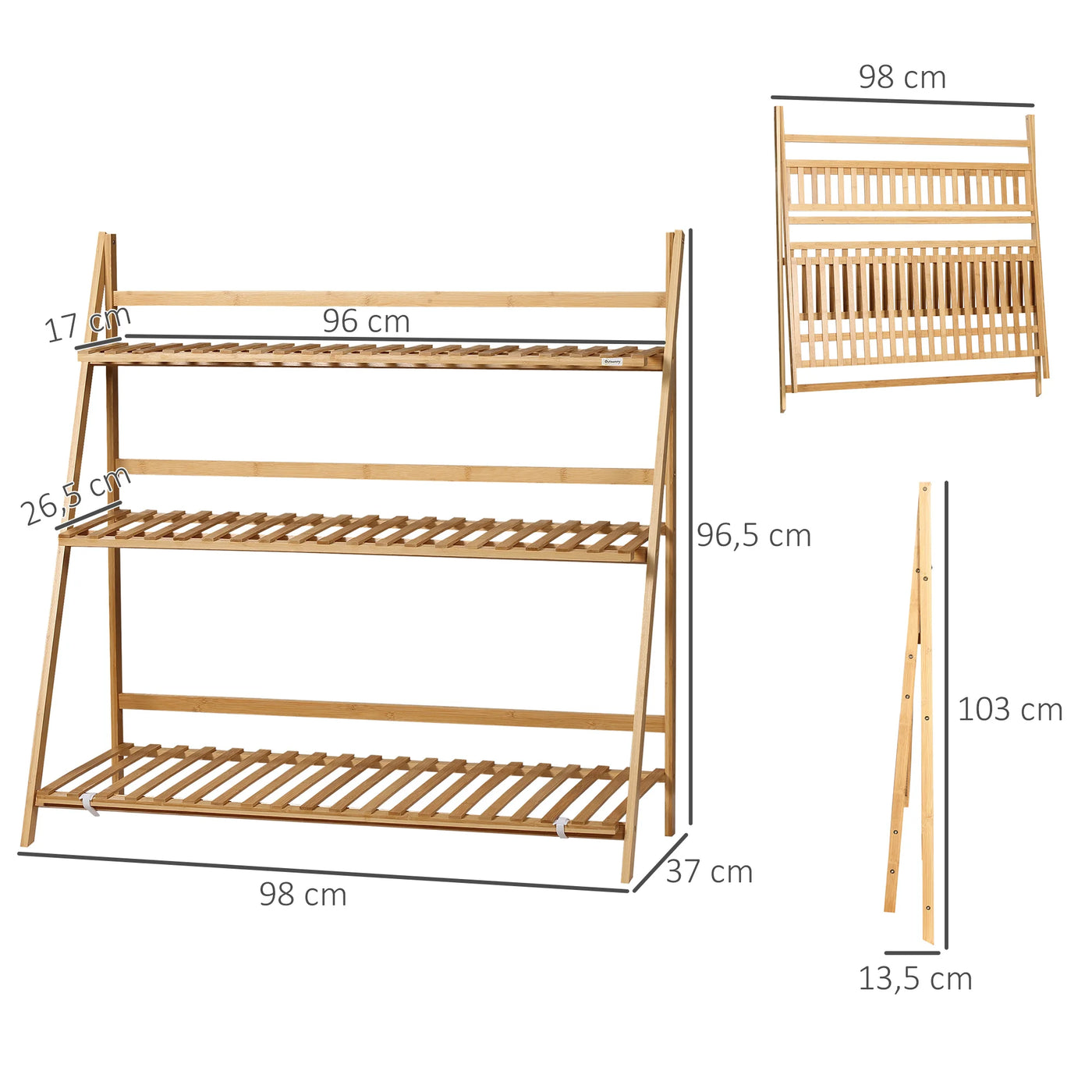 3-Tier Folding Bamboo Plant Shelf 100X39X97 cm
