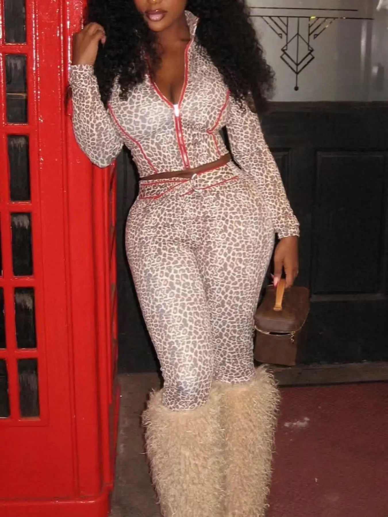 Weird Puss Leopard Print 2 Piece Set Women Tracksuit Casual Crop Jacket+Metal Sash Leggings Street Matching Club Stretch Outfits