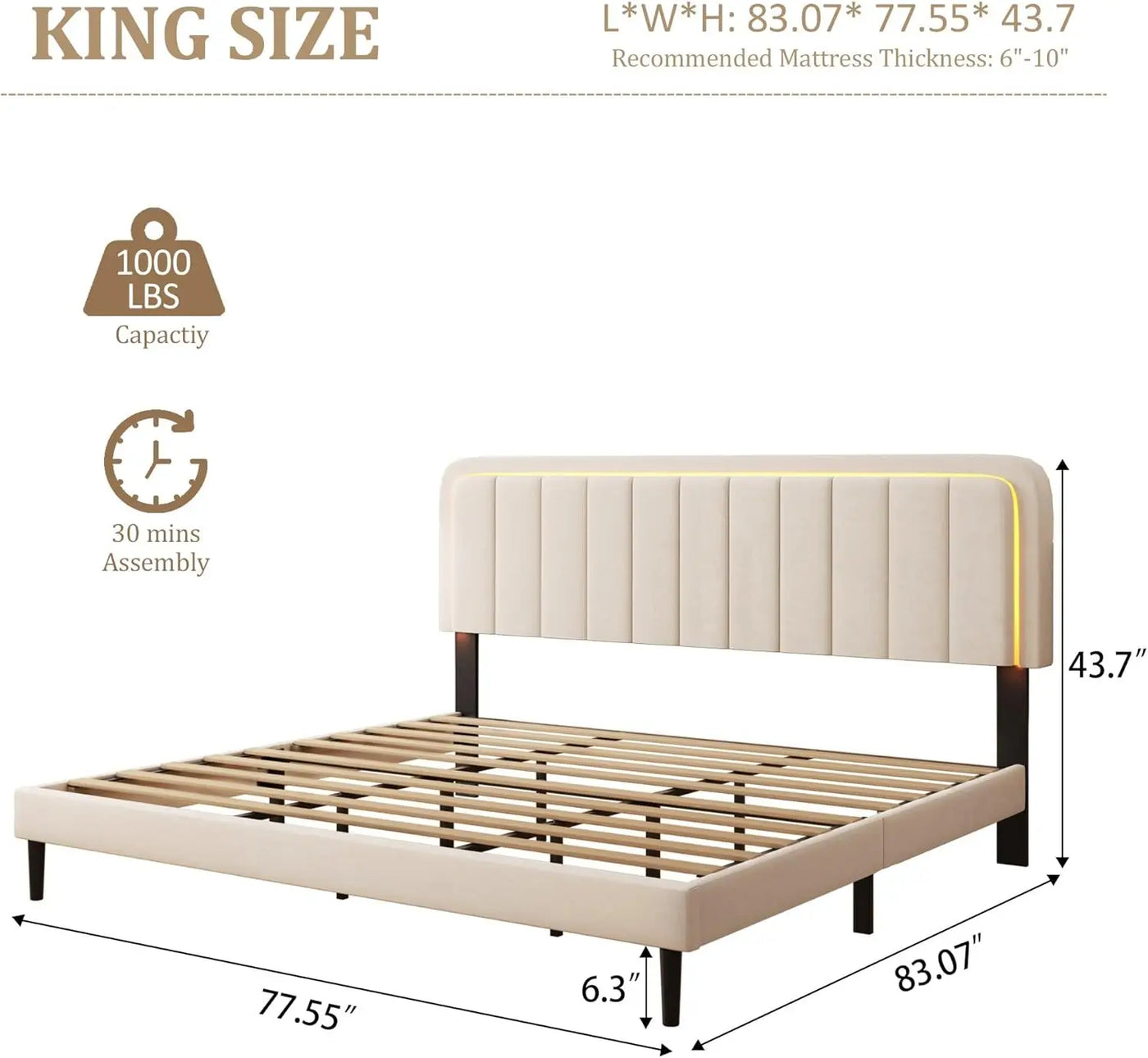King Size Platform Bed Frame with LED Light,and Adjustable Upholstered Headboard
