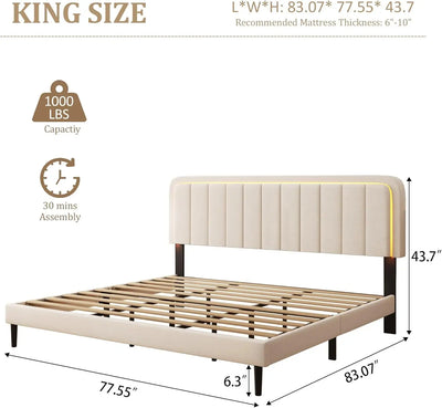 King Size Platform Bed Frame with LED Light,and Adjustable Upholstered Headboard