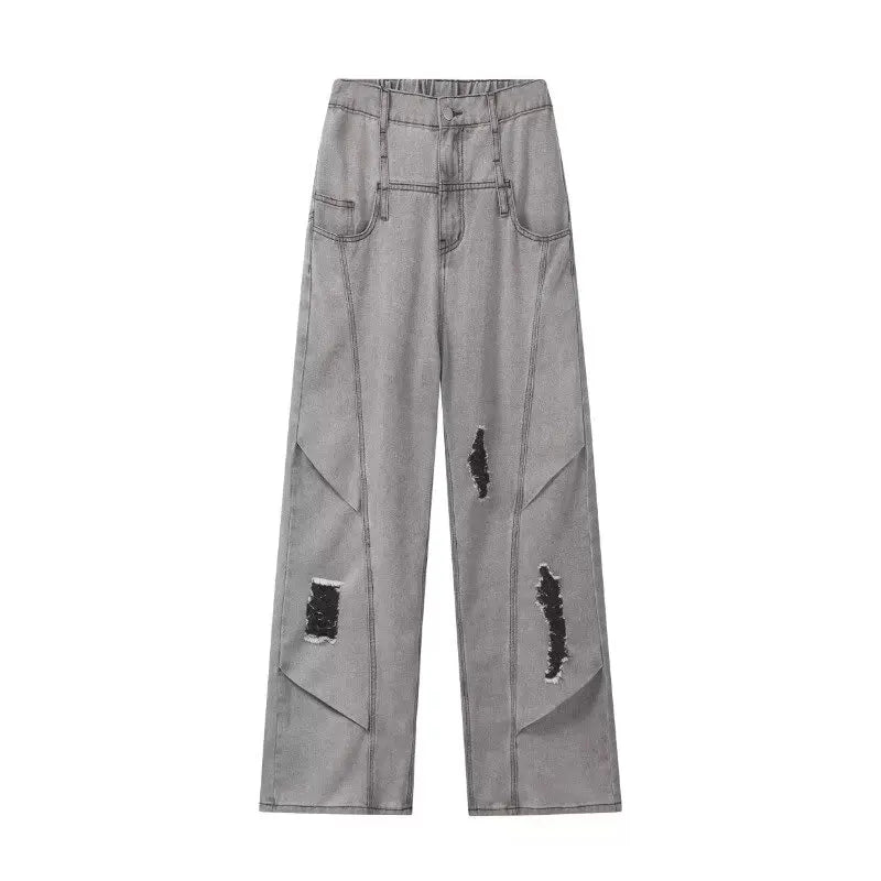 American Retro Washing Scimitar Jeans Men's High Street Vibe Ripped Design Wide-leg Trousers Handsome Casual Pants Jeans for Man