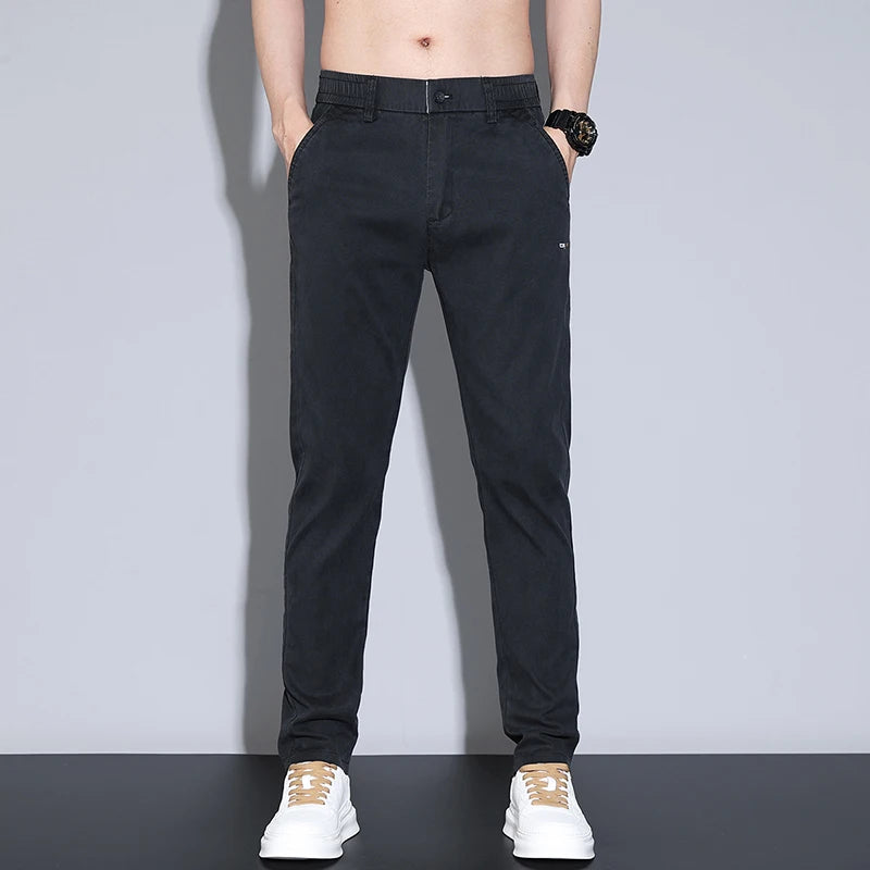 New Mens Summer Ice Silk Casual Pants Mid-Waist Elastic Straight Business Trousers 3 Colors Fashion Comfortable Man Pants