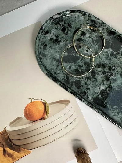 Luxury Green Marble Oval Tray: Bathroom Organizer & Fruit Serving Platter, Waterproof Stone Decor for Hotel Spa Home Kitchen