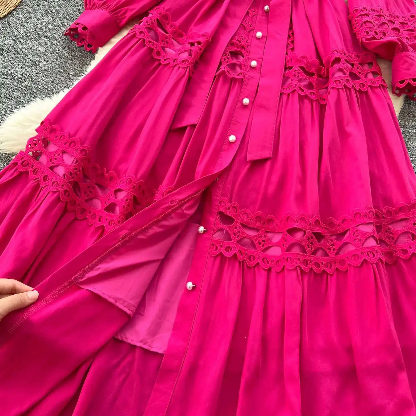 Elegant Long Maxi Hollow Out Dress Shirt Women Summer Autumn Palace Retro Pearl Button Embroidery Crochet Evening Party Vestidos