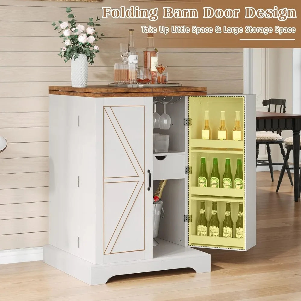 Farmhouse Expandable Wine Bar Cabinet, 61" Home Bar Unit with Foldable Tabletop & Barn Door, Coffee Bar Cabinet with Wine & Glas