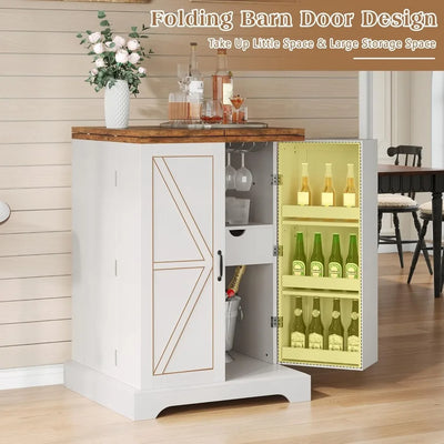 Farmhouse Expandable Wine Bar Cabinet, 61" Home Bar Unit with Foldable Tabletop & Barn Door, Coffee Bar Cabinet with Wine & Glas