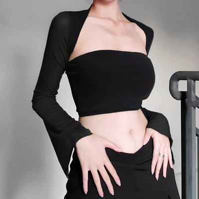Xingqing 2 Piece Outfit Women Tube Top with Shrug Off Shoulder Sleeveless Vest and Flared Cardigan Shrug y2k Clothes Streetwear