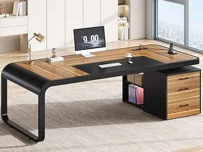 70.9" Executive Desk, Office Desk with Drawers and Lateral File Cabinet, Computer Desk with Removable Shelves and Power Outlet,