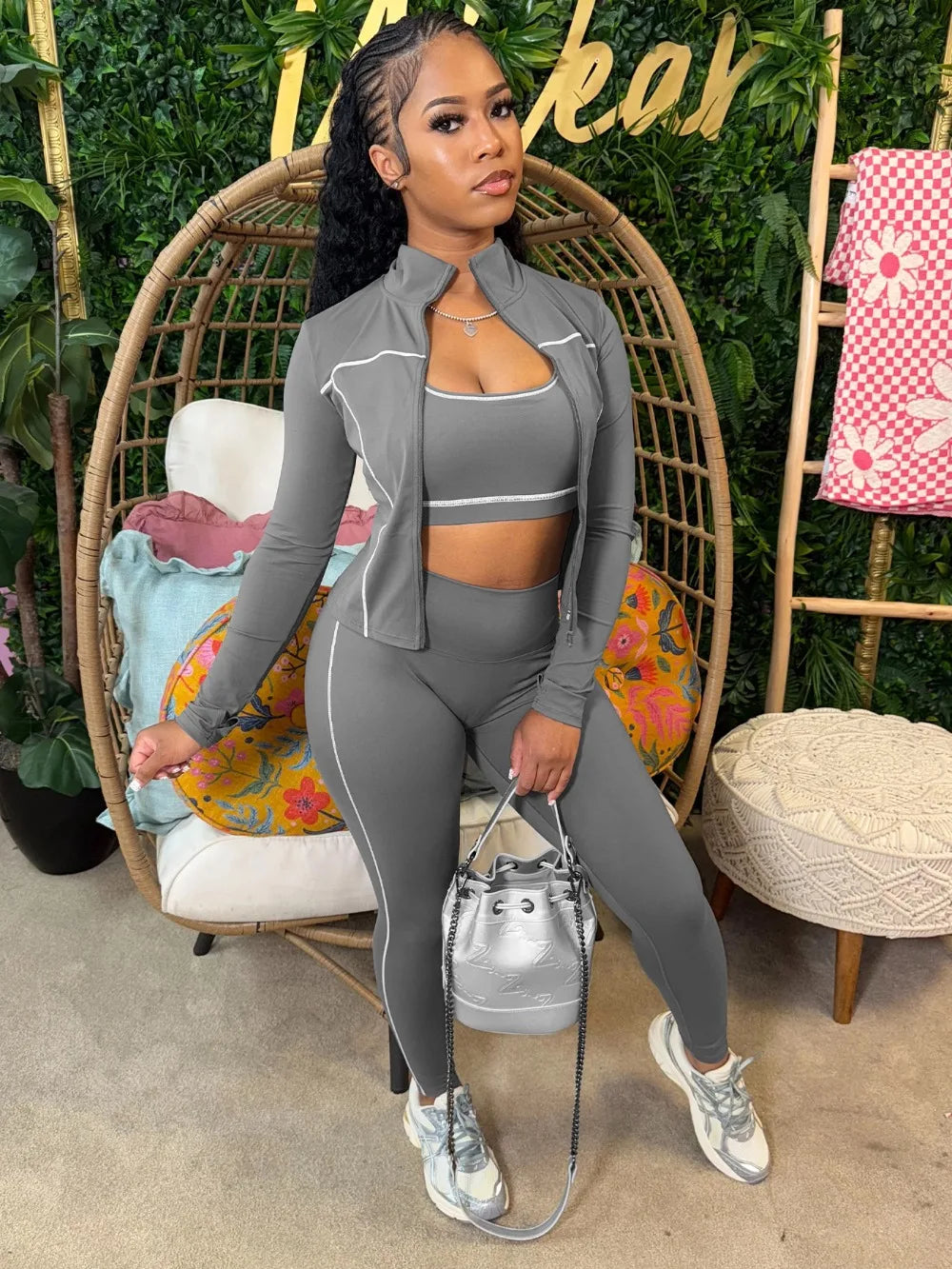 FLARORA Casual Sporty Three Piece Sets Woman Stripe Patchwork Sleeveless Vest+Jacket+Pant Outfits Female Yoga Fitness Tracksuits