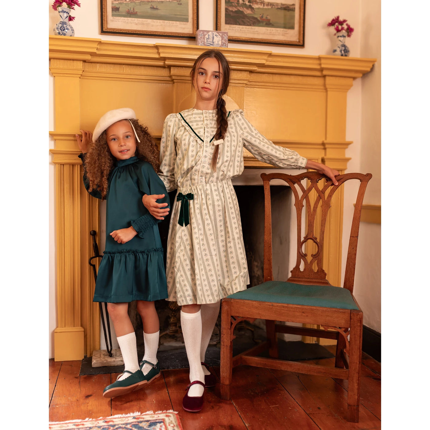 AP Vintage Satin Collection AW25 Girls Satin Dress Maxi Pleated Clothing Set Boys O-neck Sweater Modal Moc Neck