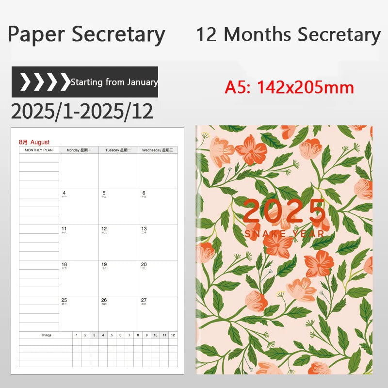 Portable 2025 Monthly Notes Notebook, A4/A5 Size 24 Sheets Annual Calendar Planner for School Travel Business Work Home Writing