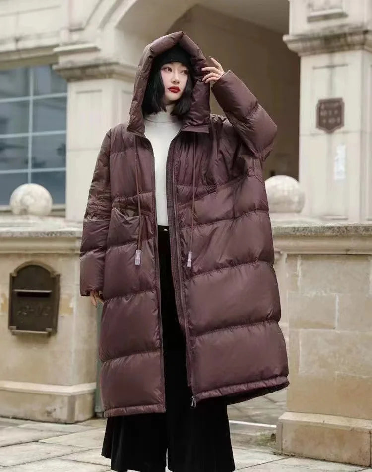 Winter Hooded Drawstring Loose Puffer Jacket Women Solid Oversize Casual Silhouette Long White Duck Down Warm Coat 2024 New Coat