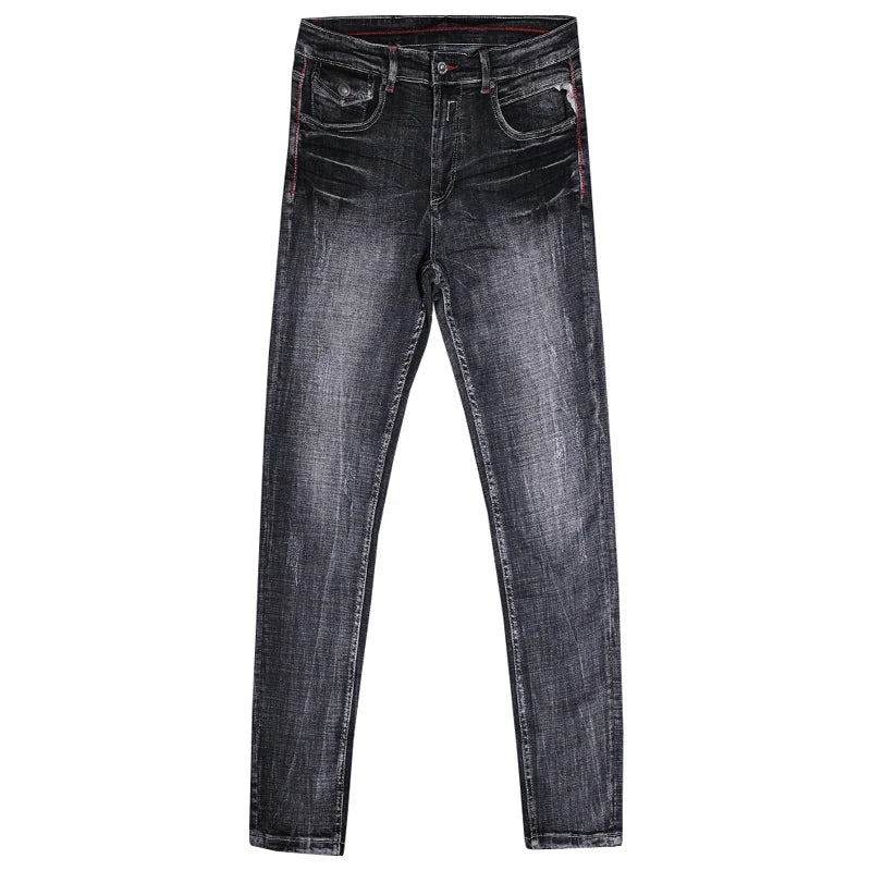 Retro Black Gray Slim Fit Ripped Jeans