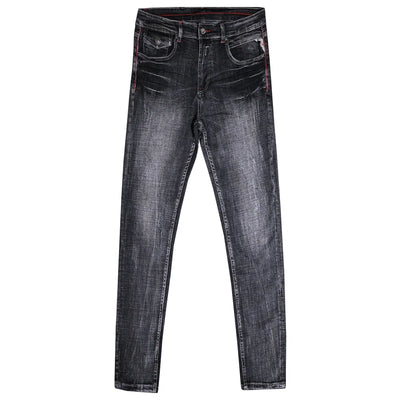 Retro Black Gray Slim Fit Ripped Jeans