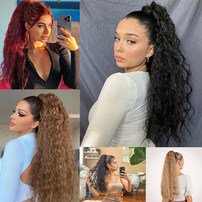 Curly Wavy Drawstring Ponytail Extension Long Clip In Ponytail Hair Extensions for Black Women Blonde Synthetic Fake Hairpieces
