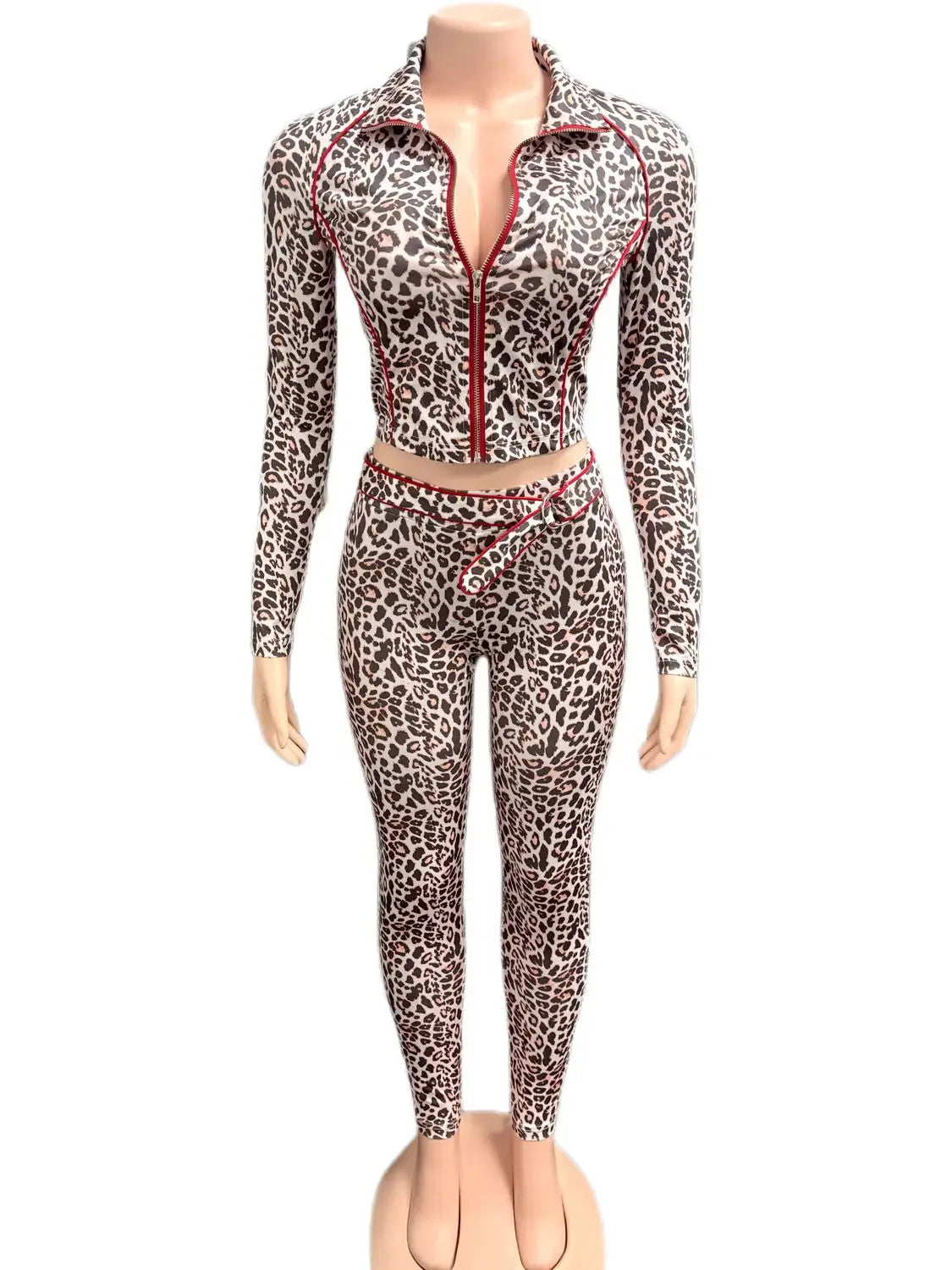 Weird Puss Leopard Print 2 Piece Set Women Tracksuit Casual Crop Jacket+Metal Sash Leggings Street Matching Club Stretch Outfits