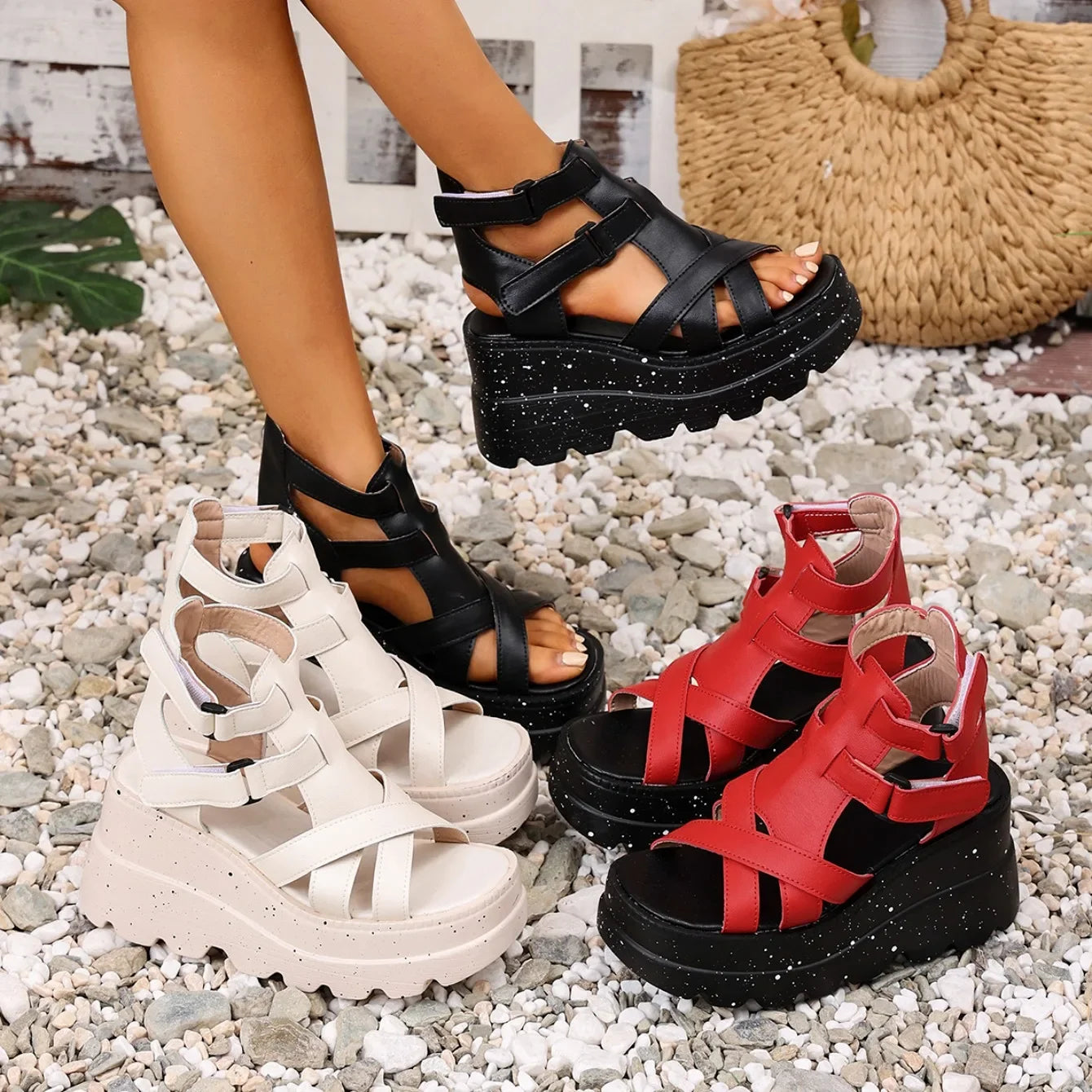 Women Sandals Summer Fashion Leather Platform Female Sandals Gladiator High Heels Sandals Women Chunky Outdoor Wedges Woman Shoe