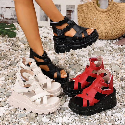 Women Sandals Summer Fashion Leather Platform Female Sandals Gladiator High Heels Sandals Women Chunky Outdoor Wedges Woman Shoe