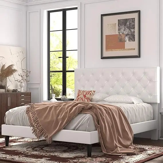 Allewie Queen Size Platform Bed Frame, Adjustable Faux Leather Headboard with Diamond Stitch and Button Tufted, Sturdy Wood Slat