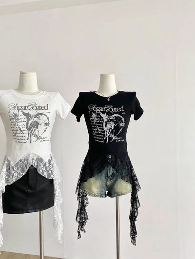 Y2K Brand Cute Deer Graphic Crop Top White Lace Ruffles Tassels Skirt T-shirts Punk Hip Hop E-girl Sexy Club Summer Tees Casual