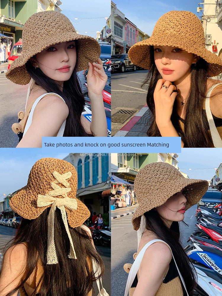 Straw Hat Female Summer New French Woven Bows Sun-Proof Bucket Hat Fresh Beach Trip Vacation Sun Hat
