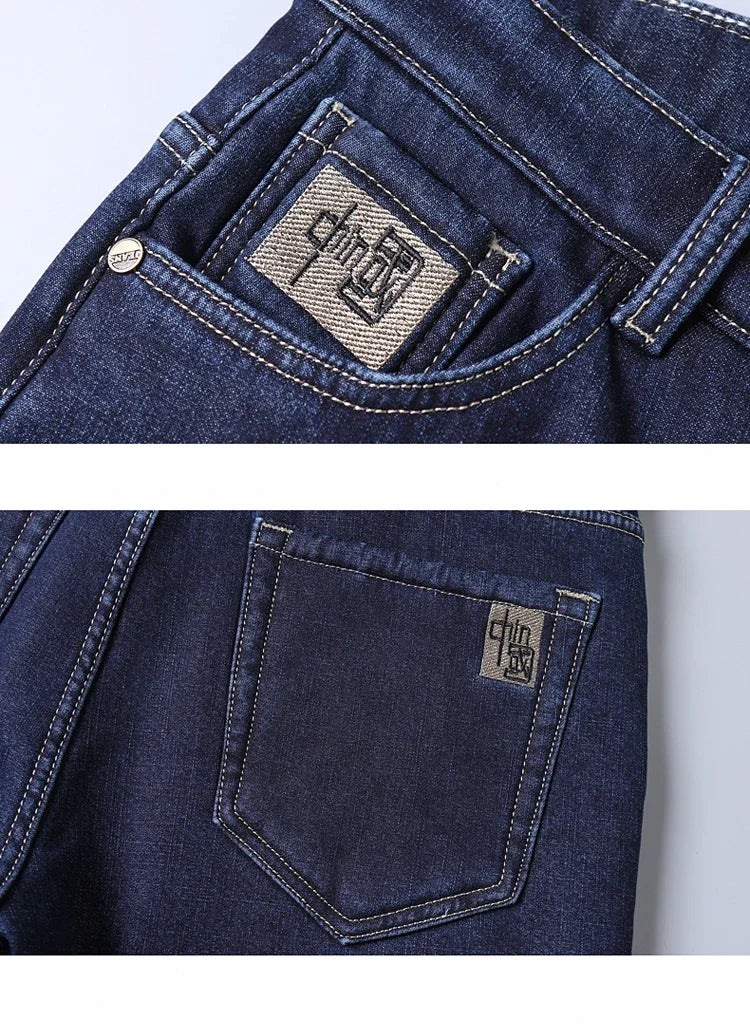 Men's Wool Velvet Jeans Winter Fleece Thickened Business Casual Straight Denim Pants Soft Cozy Thermal Stretch Trousers Male