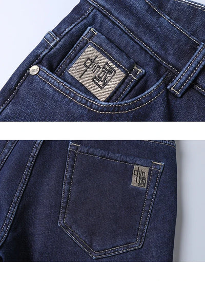 Men's Wool Velvet Jeans Winter Fleece Thickened Business Casual Straight Denim Pants Soft Cozy Thermal Stretch Trousers Male