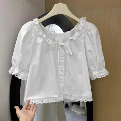Preppy Style Sweet Short Sleeve Slim Fit Crop Tops Japanese Ruched Shirts Women Y2k Chemises Summer Bandage Bow White Camisa