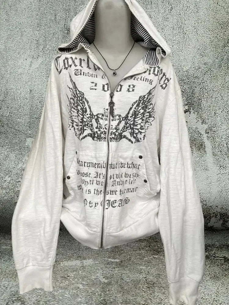 Print Tunic Hooded Y2k Coat Streetwear Fashion Casual Hoodies Tops Ropa Mujer Vintage Sweatshirts 2024 Women's Clothes White
