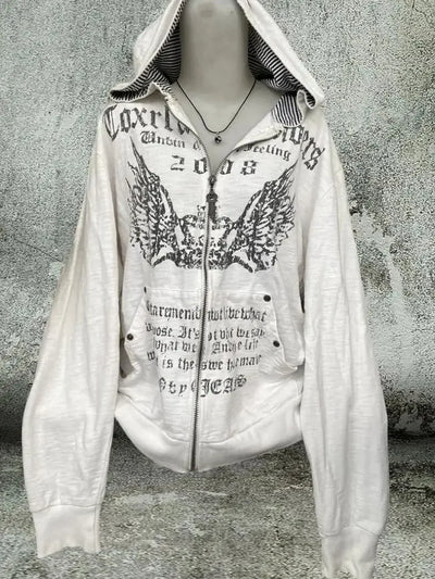 Print Tunic Hooded Y2k Coat Streetwear Fashion Casual Hoodies Tops Ropa Mujer Vintage Sweatshirts 2024 Women's Clothes White