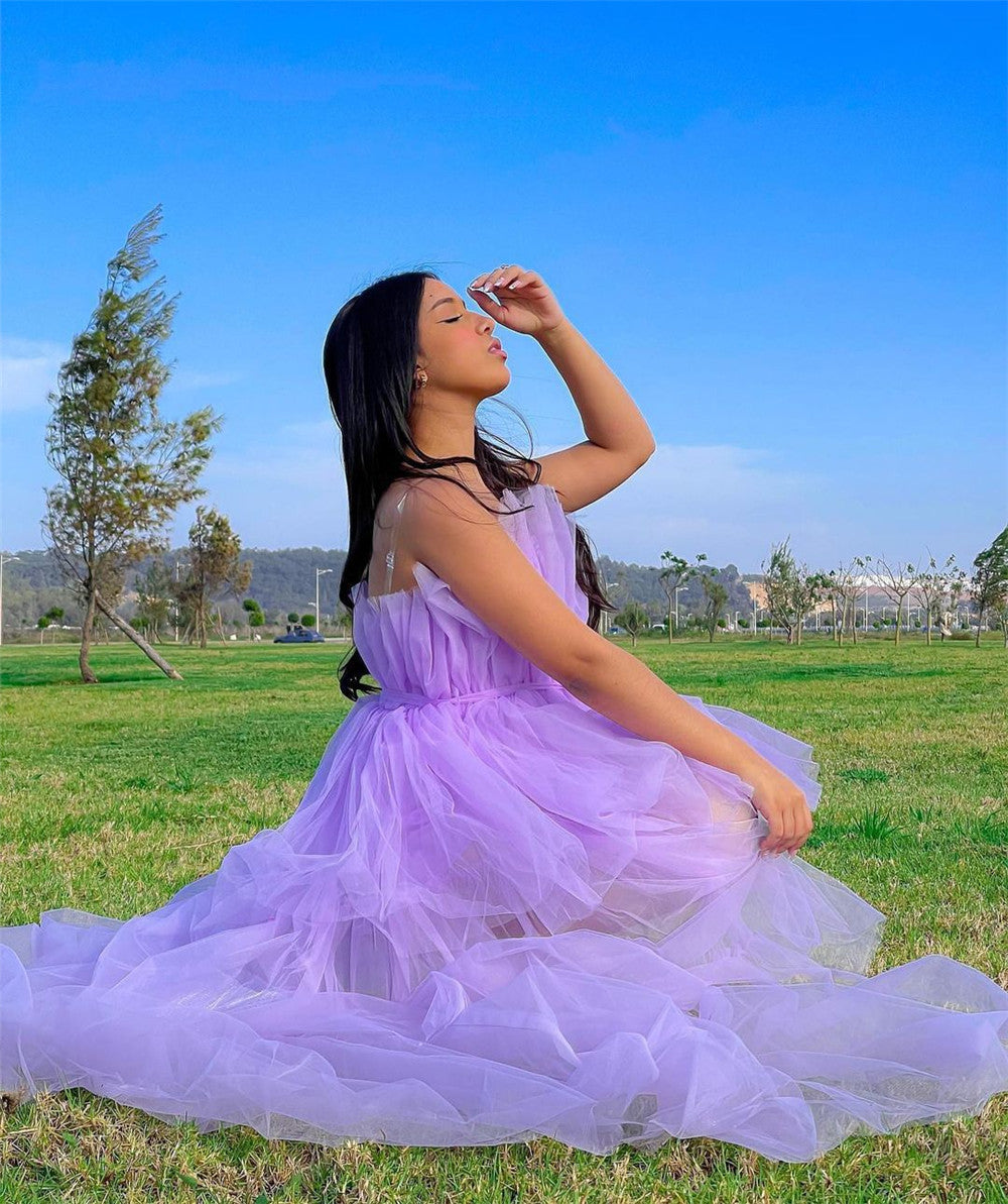 Hot Sale Elegant Womens High Low Tulle Dress Strapless Solid Color Tiered Cocktail Party Dress Prom Gown Black Pink Purple