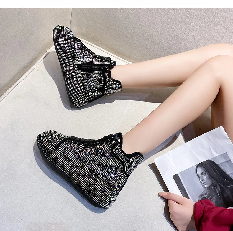 Fashion Sneakers Women Trend 2024 New Spring Autumn Platform Lace Up Rhinestone Women Casual Shoes Fashion Shiny Ladies Shoes