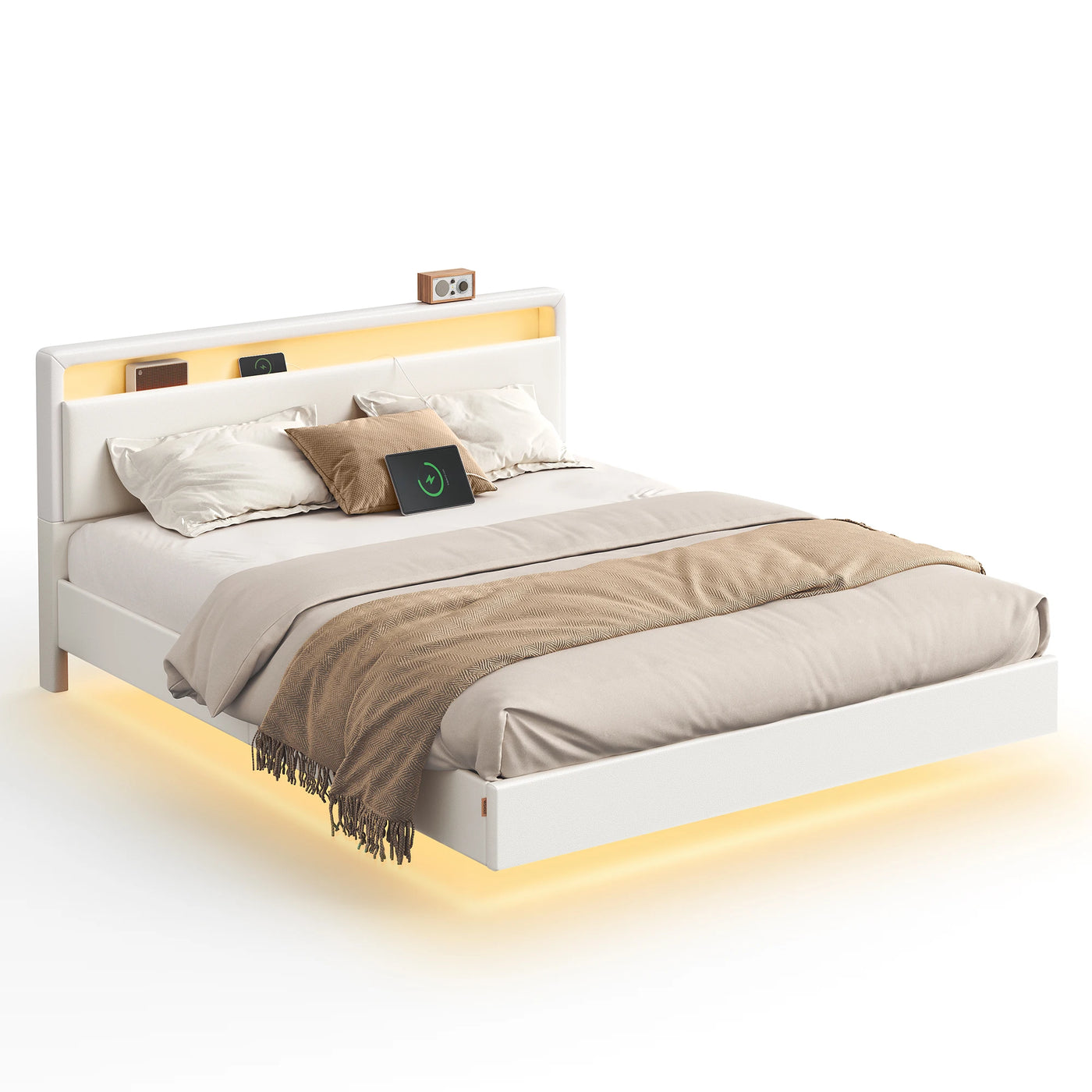 VASAGLE Modern Floating Bed Frame Adjustable LED Lights High Headboard Queen Size Upholstered Bed with Charging Station