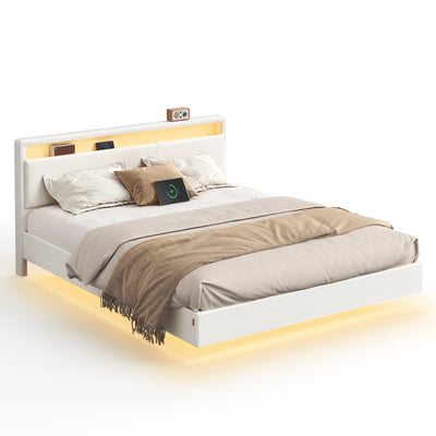 VASAGLE Modern Floating Bed Frame Adjustable LED Lights High Headboard Queen Size Upholstered Bed with Charging Station