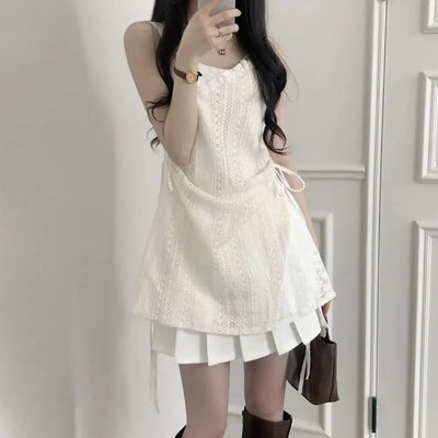 Hot Girl Korean Style Drawstring Lace-up Waist Lace Short Suspender Dresses + White Inner Wear Bottoming Sling Top Two-piece Set