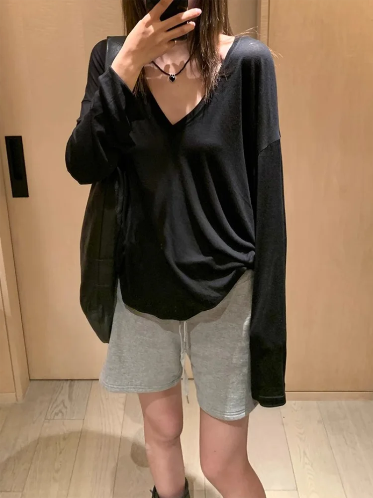 Women Oversized T Shirt Spring Summer V-neck Casual Fashion Loose Thin Long Sleeve Top Pullovers Chic White See Through T-shirt