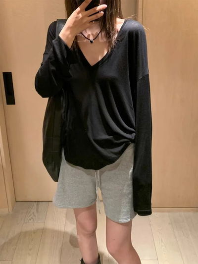 Women Oversized T Shirt Spring Summer V-neck Casual Fashion Loose Thin Long Sleeve Top Pullovers Chic White See Through T-shirt