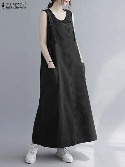 Women Sleeveless Maxi Dress Fashion Workwear Pockets Vestidos 2023 Summer Adjustable Shoulder Straps Dresses Streetwear